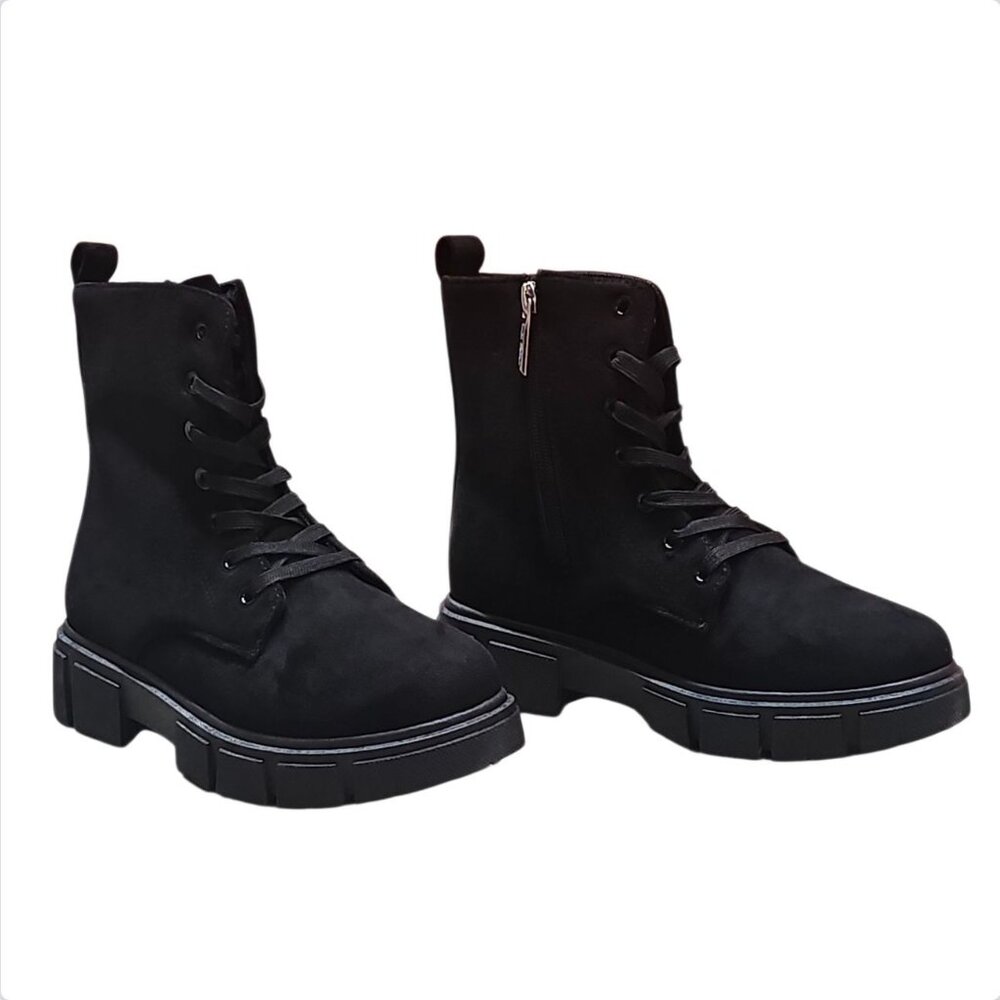 Black Chunky Platform Lace-Up Ankle Boots With Side Zipper Faux Suede Material W - Picture 5 of 7